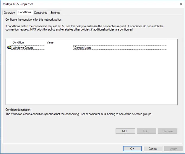 NPS — add Windows group condition to network policy
