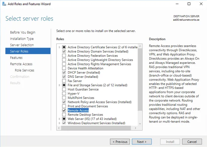 Add Roles — select Remote Access and DirectAccess/VPN