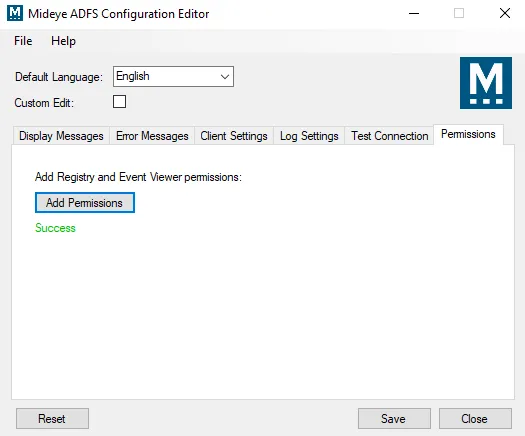 Mideye ADFS Configuration Editor — Permissions tab, add permissions