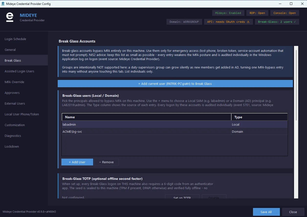 Mideye Credential Provider configuration tool, Break Glass tab. An explanatory panel, a button to add the current user, a Break-Glass users list showing labadmin (Local) and ACME\bg-svc (Domain), and below it the optional Break-Glass TOTP second-factor card.