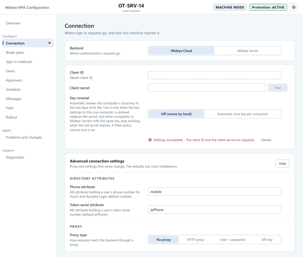 Mideye Configuration, Connection page, with Mideye Cloud selected and the Client ID, Client secret and Key renewal fields.