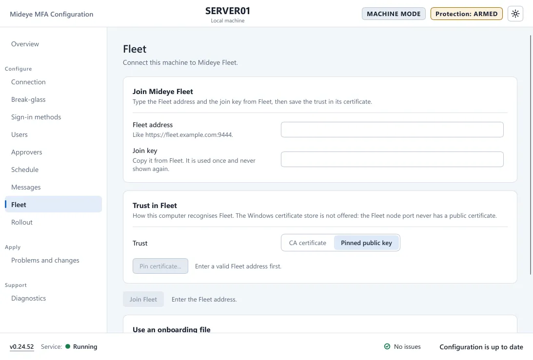 Mideye Configuration, Fleet page, with the Fleet address and Join key boxes and the Trust in Fleet card.