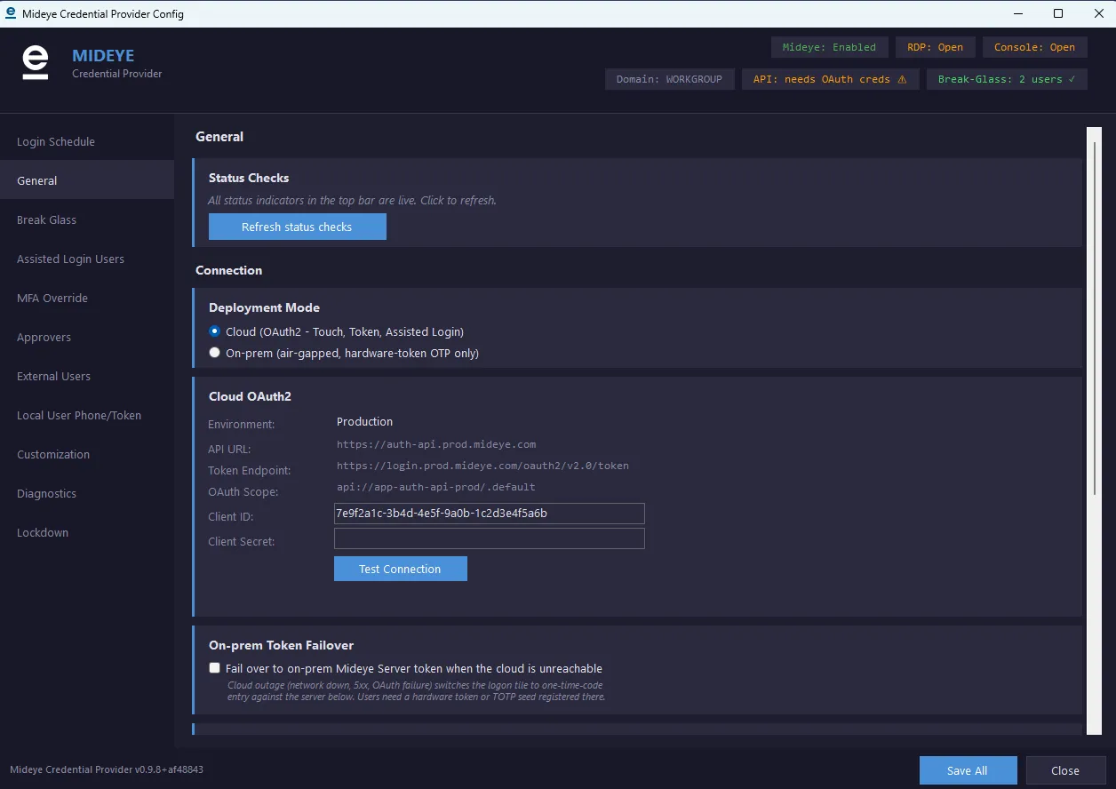 Mideye Credential Provider configuration tool, General tab. Deployment Mode set to Cloud. The Cloud OAuth2 card shows Environment Production, the API URL, token endpoint and OAuth scope, with Client ID and Client Secret fields and a Test Connection button. Below it, an On-prem Token Failover card with the failover checkbox.