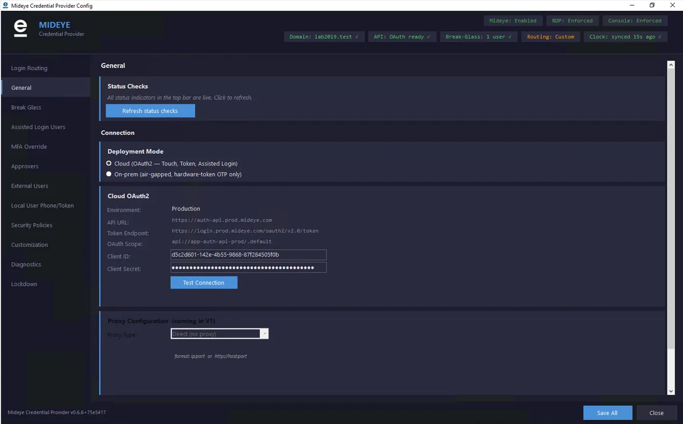 Mideye Credential Provider configuration tool — General tab. Deployment Mode set to Cloud (OAuth2 — Touch, Token, Assisted Login). Cloud OAuth2 section shows Environment: Production, Client ID and Client Secret fields filled in, and a Test Connection button.