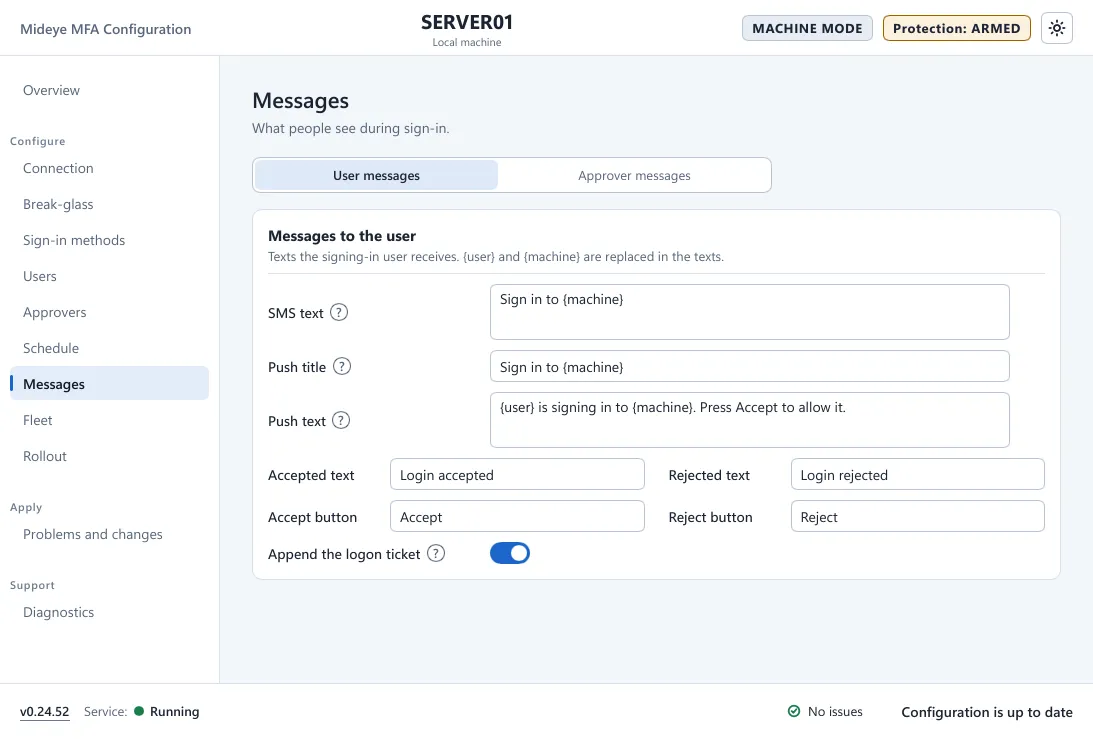 Mideye Configuration, Messages page, User messages tab, with the SMS text, push title, push text and button labels.