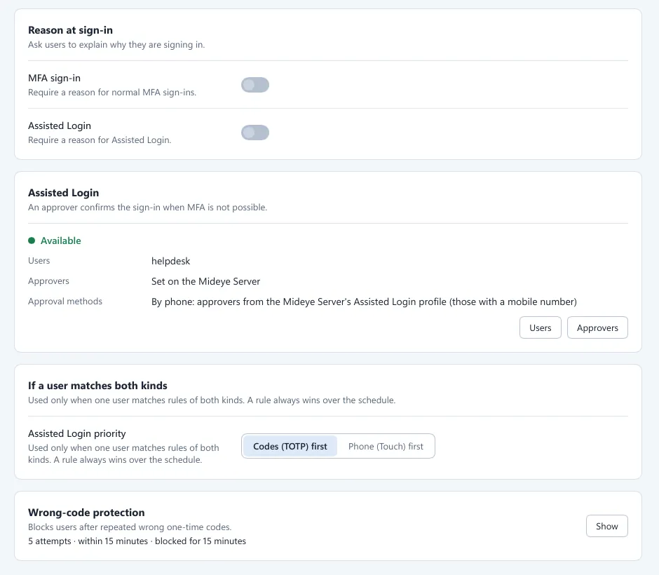 Sign-in methods page, lower half: Reason at sign-in, Assisted Login summary, priority and Wrong-code protection.