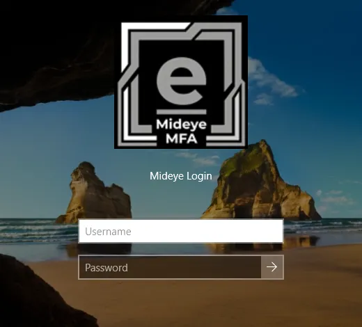 The Mideye Login tile on the Windows sign-in screen with the Mideye logo and the Username and Password boxes.