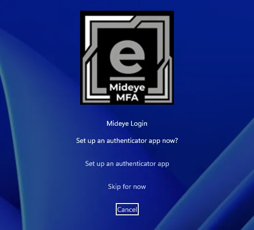 The Mideye tile after an approved Touch, asking Set up an authenticator app now? with the links Set up an authenticator app, Skip for now and Cancel.