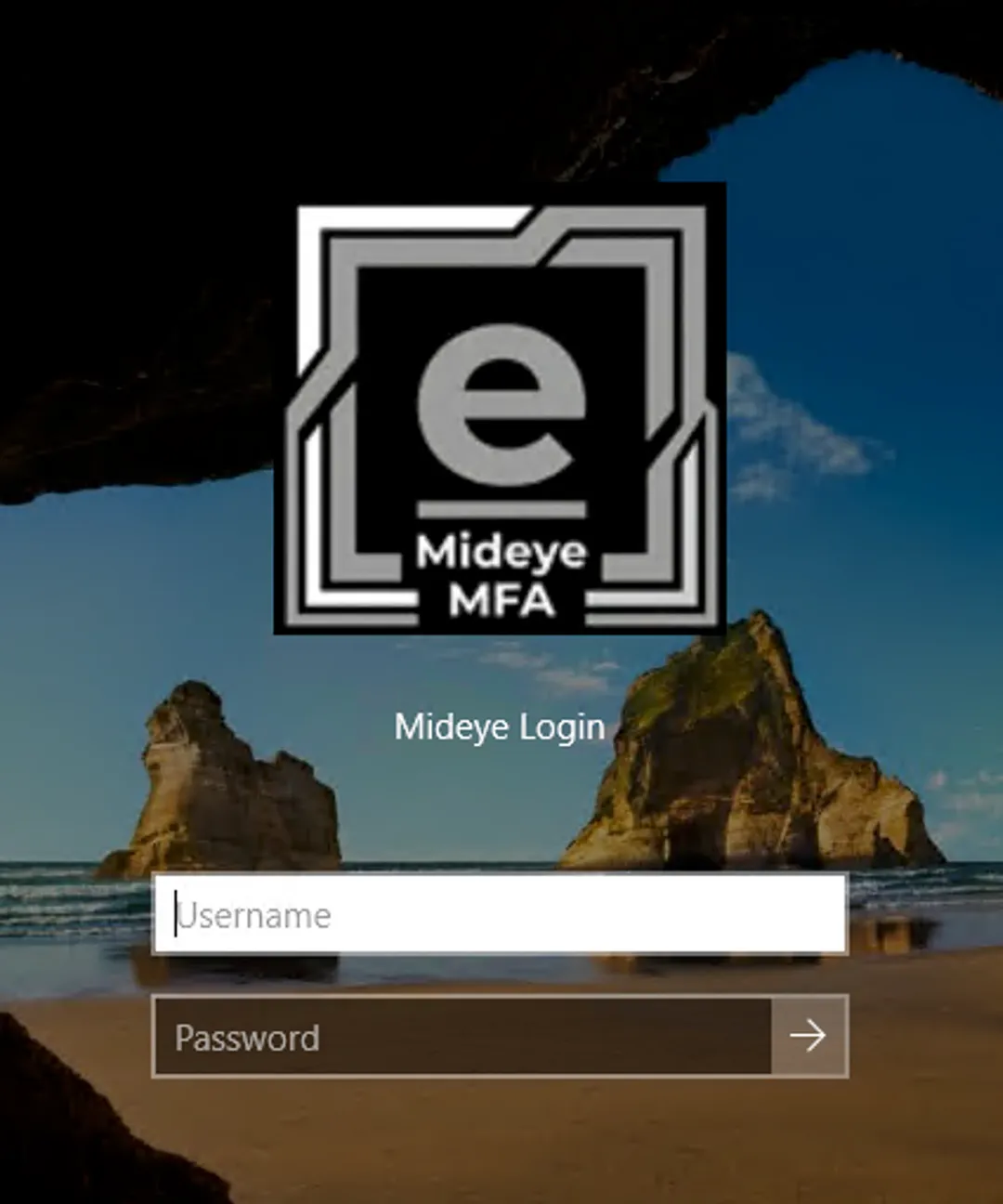Mideye logon tile on the Windows logon screen — the white-framed Mideye e-mark with the "Mideye MFA" caption, the "Mideye Login" heading, and the Username and Password fields the user fills in exactly as before.