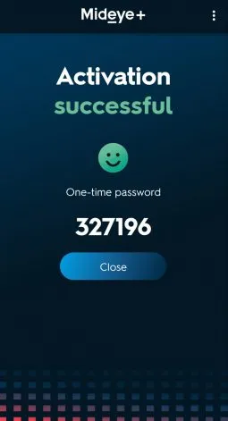 Mideye+ Android app activation successful screen with generated OTP code
