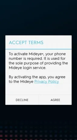 Mideye+ Android app terms and conditions acceptance screen
