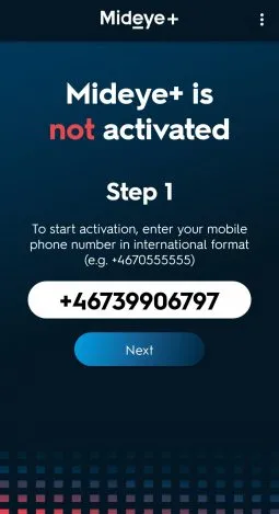 Mideye+ Android app phone number entry screen with international format input