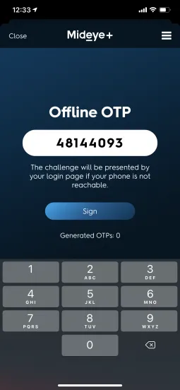 Mideye+ iPhone app offline OTP entry screen with challenge code input field