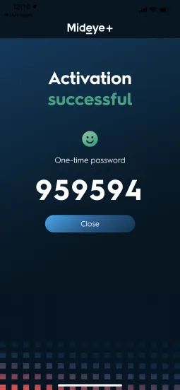 Mideye+ iPhone app activation successful screen showing generated OTP code