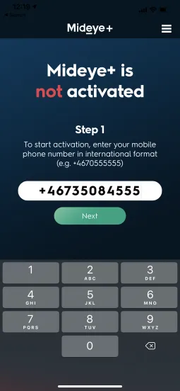 Mideye+ iPhone app phone number entry screen with international format input field