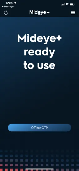 Mideye+ iPhone app showing Offline OTP button for manual challenge signing