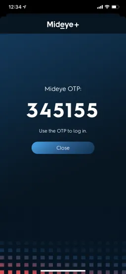 Mideye+ iPhone app showing generated offline response code to enter at login
