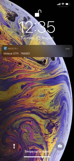 Mideye+ iPhone notification showing one-time password code received via push