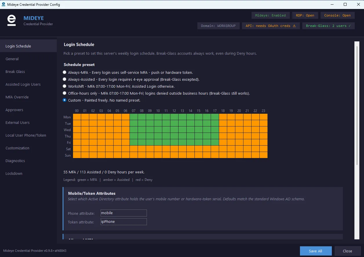 Mideye Credential Provider configuration tool, Login Schedule tab. A weekly grid uses green cells for MFA hours (07:00-17 Monday to Friday) and amber for Assisted Login everywhere else, with a summary reading 55 MFA / 113 Assisted / 0 Deny hours per week. The legend reads green = MFA, amber = Assisted, red = Deny.
