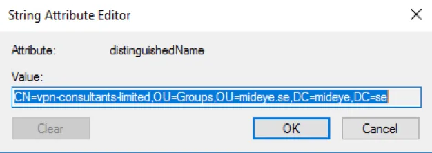 Active Directory group attribute editor showing Distinguished Name for LDAP-RADIUS translation