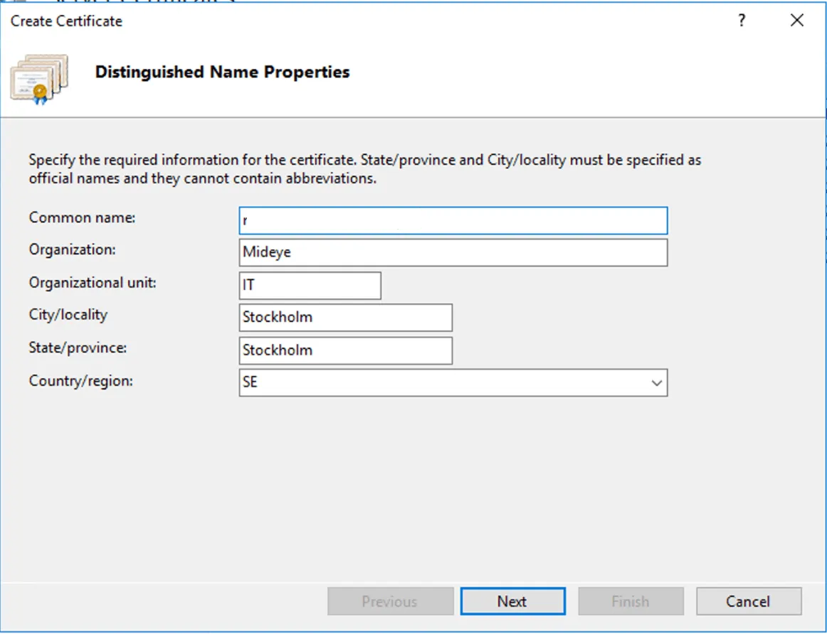 Certificate request wizard - entering common name and organization details
