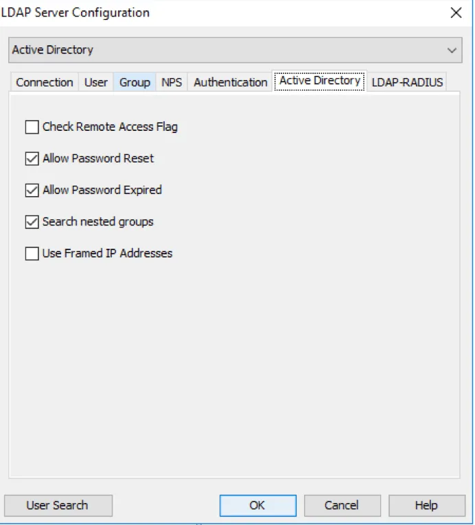 Mideye Configuration Tool Active Directory options including remote flag, password reset, and nested group search