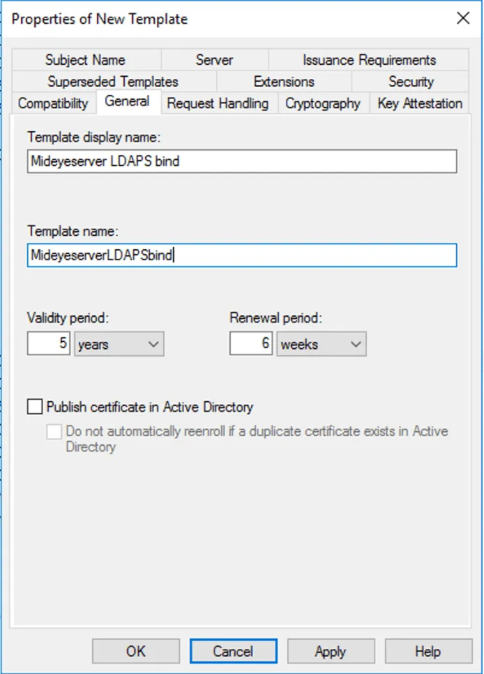 Certificate Templates Console showing template validity period configuration