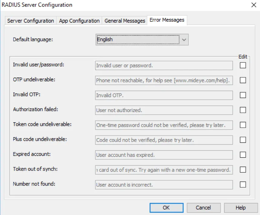 Mideye Configuration Tool custom RADIUS authentication message editor for localization
