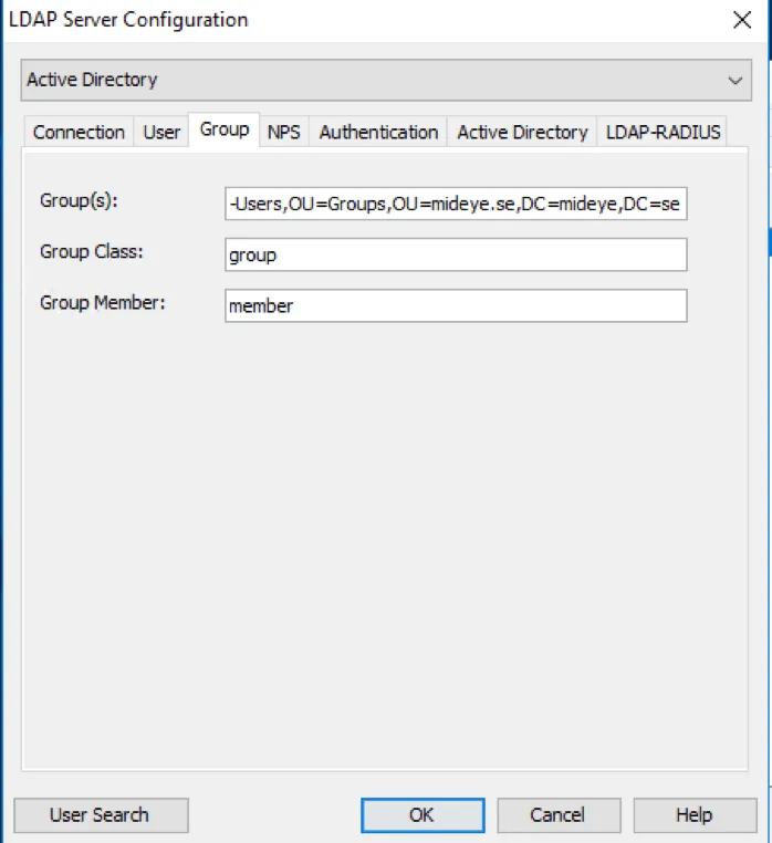 Mideye Configuration Tool LDAP Group tab with AD group DN for access control