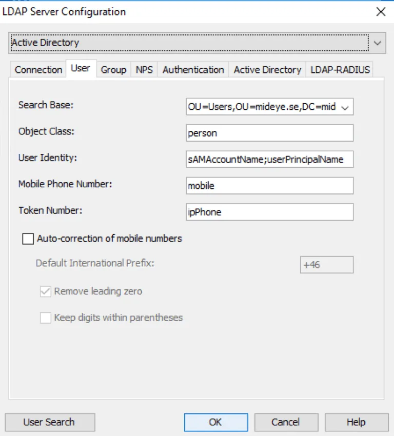 Mideye Configuration Tool LDAP User tab showing search base, user identity, and mobile phone attribute settings