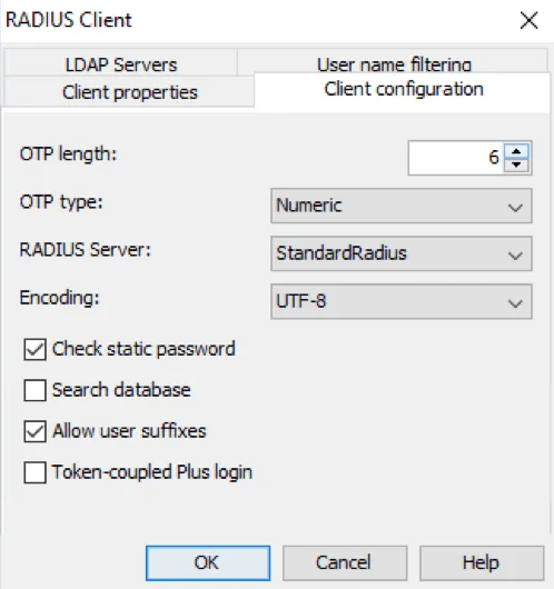 Mideye Configuration Tool RADIUS client settings showing OTP length, type, encoding, and authentication options