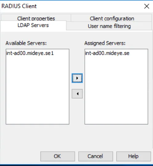 Mideye Configuration Tool RADIUS client LDAP server assignment with available and assigned server lists