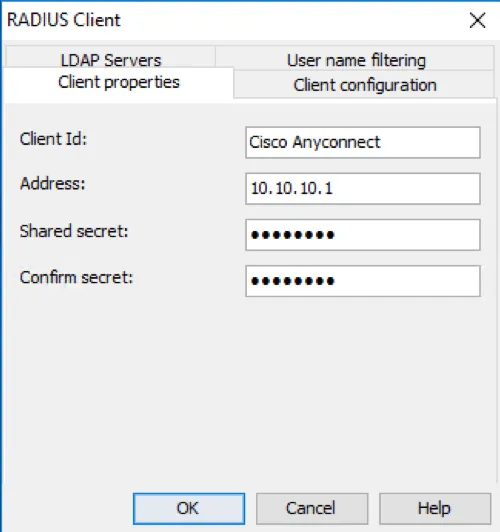 Mideye Configuration Tool RADIUS client properties dialog with IP address and shared secret fields