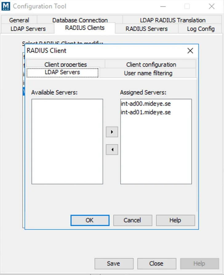 Mideye Configuration Tool RADIUS client LDAP server assignment for Web Admin authentication