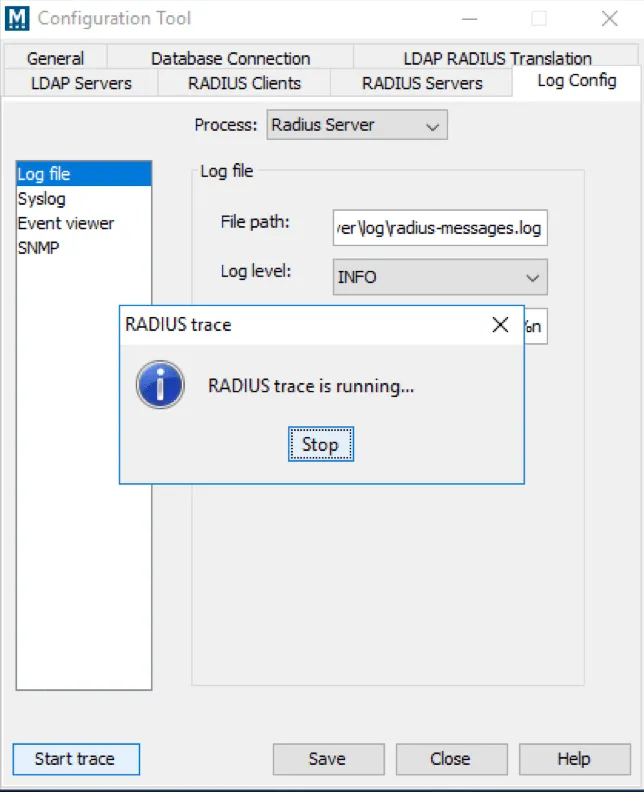Mideye Server 4 Configuration Tool showing the Start Trace button for RADIUS debugging