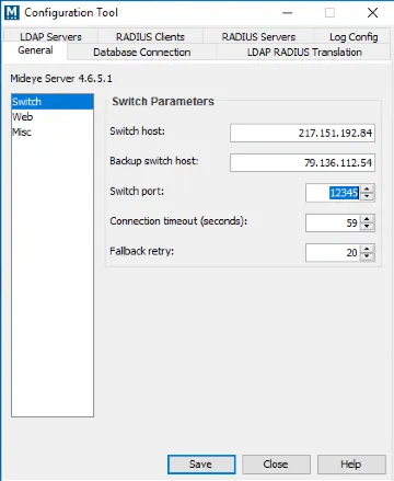 Mideye Configuration Tool General tab showing Switch port configuration field