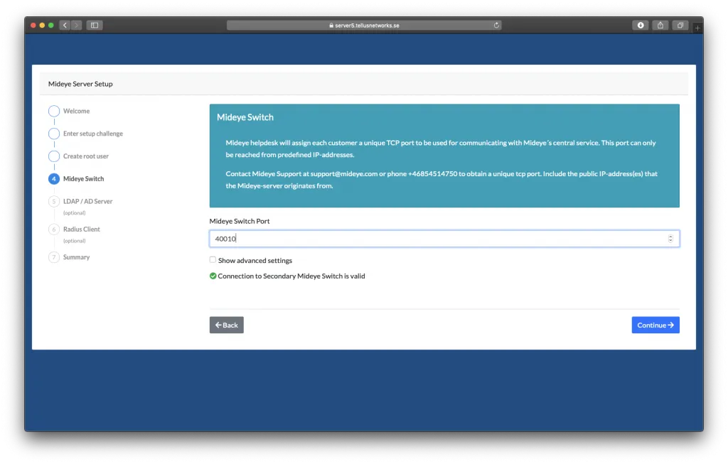 Mideye Server 5 setup wizard showing successful Mideye Switch connection with green status indicator