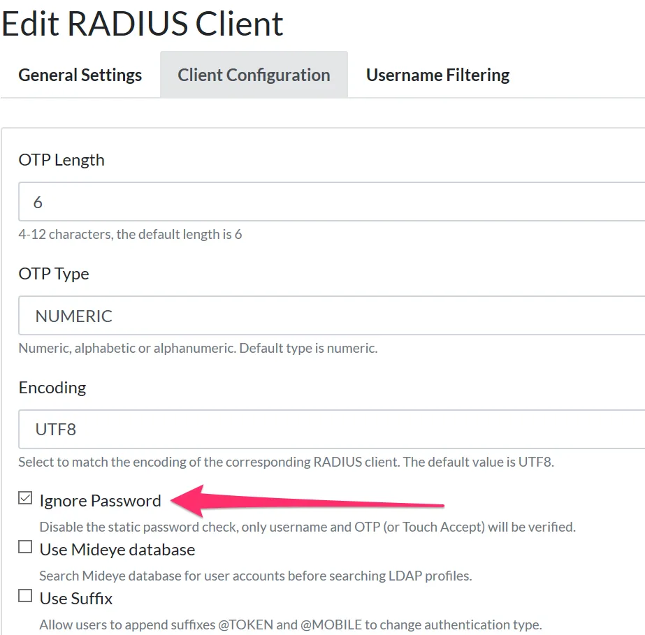 Mideye Server 5 — RADIUS client Ignore Password checkbox