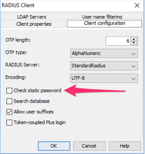 Mideye Server 4 — uncheck Check static password on RADIUS client
