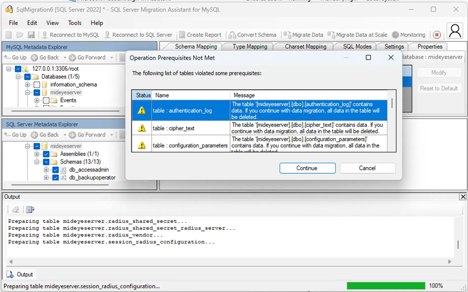 SSMA showing Operation prerequisites not met warning that can be safely ignored