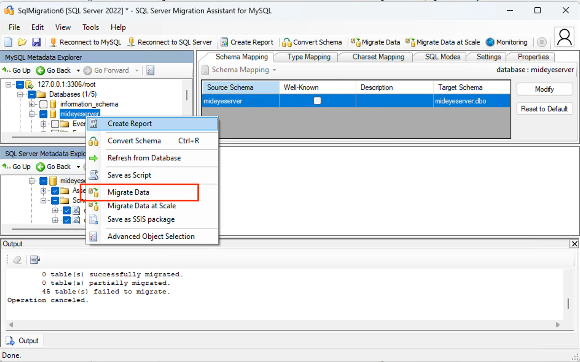 SSMA Migrate Data option selected for the MySQL source database