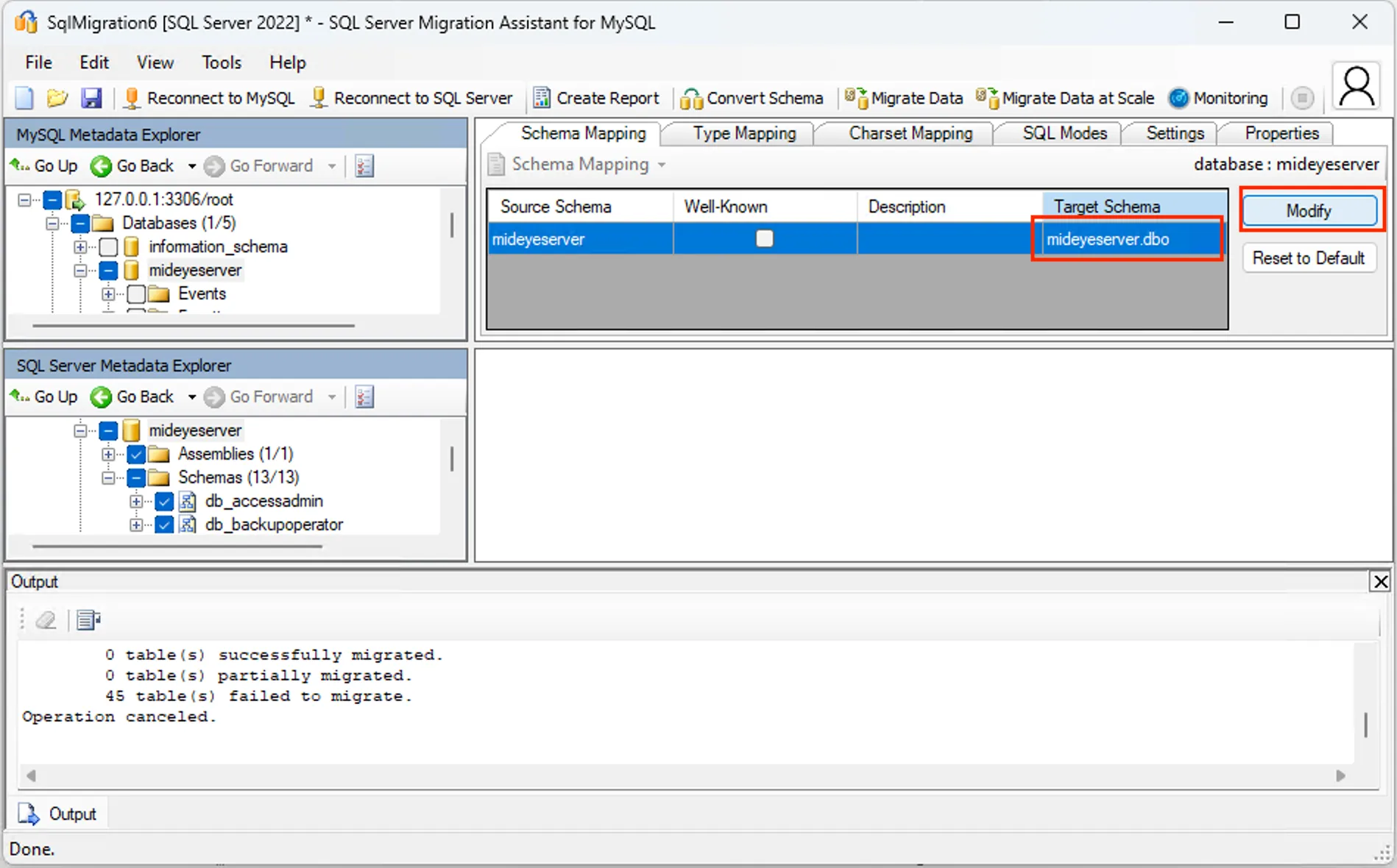 SSMA schema mapping dialog with dbo selected as the MSSQL target schema