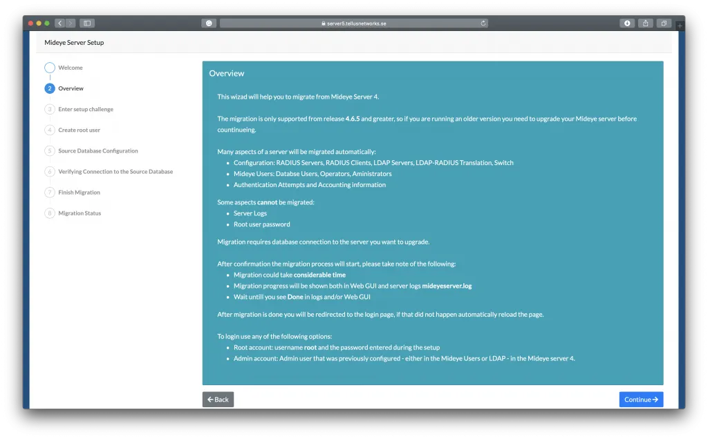 Mideye Server 5 Import Wizard overview showing migration checklist and requirements