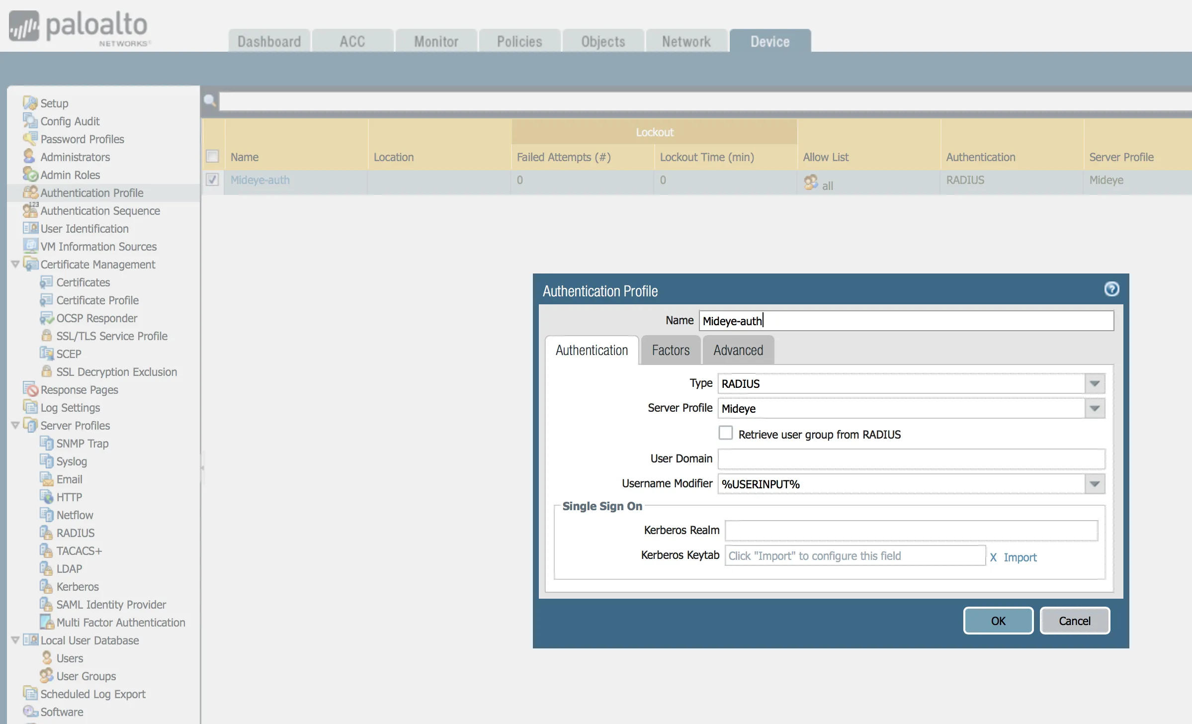 Authentication profile configuration