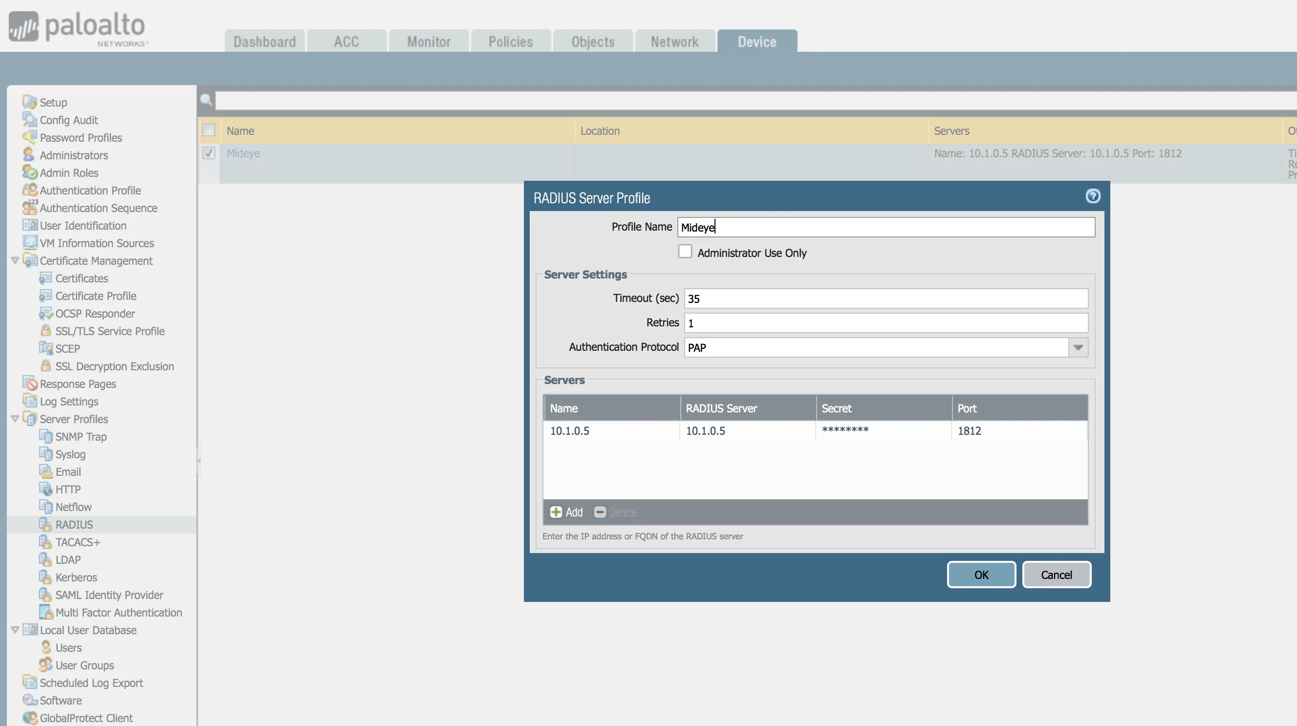 RADIUS server profile configuration