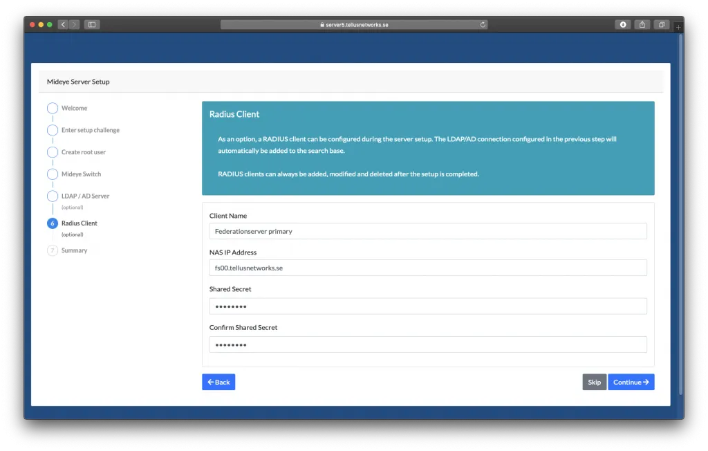 Mideye Server 5 RADIUS client configuration with name, IP address, and shared secret fields