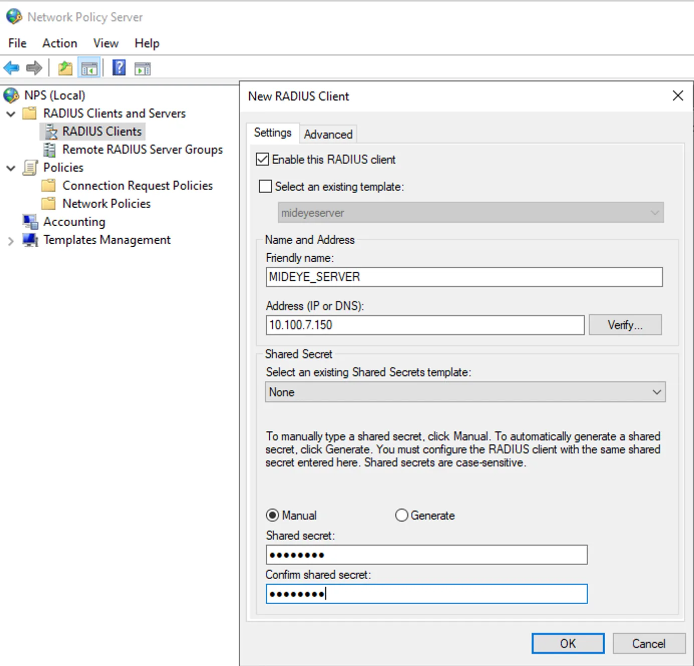 Remote-NPS — add Mideye Server as RADIUS client