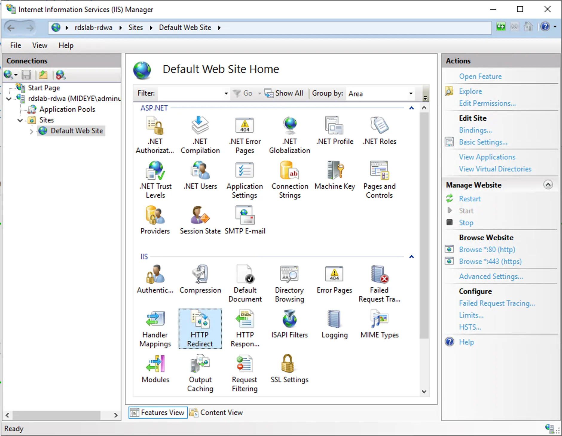 IIS — navigate to Default Site HTTP Redirect