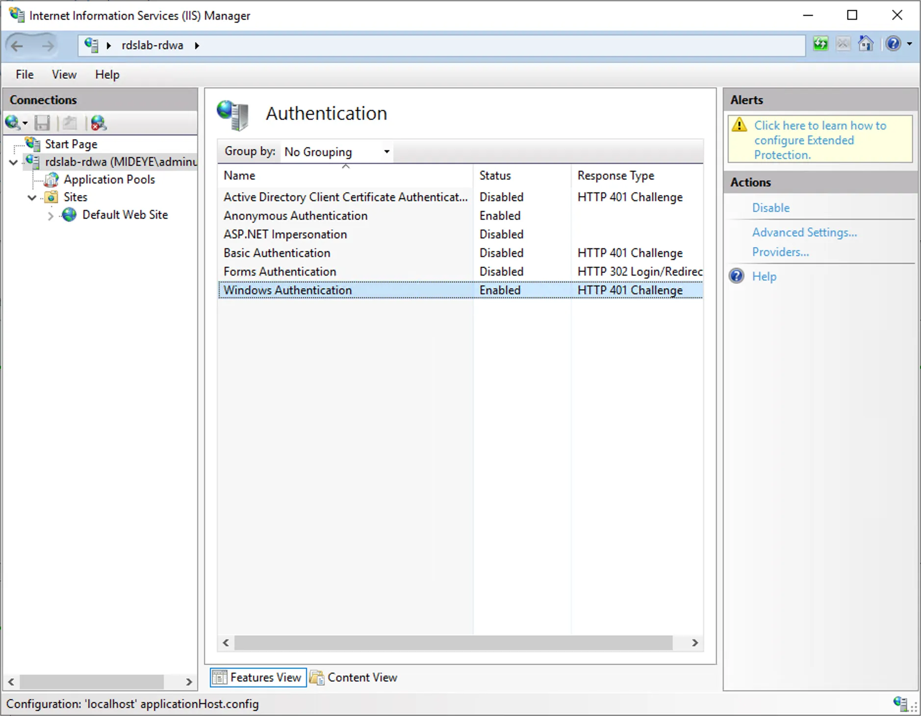 IIS — enable Windows authentication and disable Forms