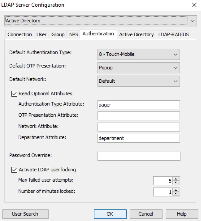 Mideye Configuration Tool LDAP authentication tab with Read optional attributes checkbox enabled